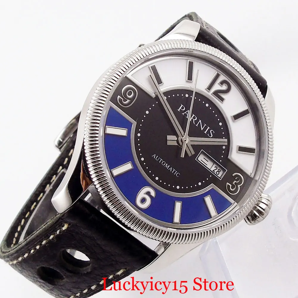 Мужские наручные часы PARNIS Classic 42 мм с синим белым циферблатом, функцией недели, даты, сапфировым стеклом, чехол из нержавеющей стали