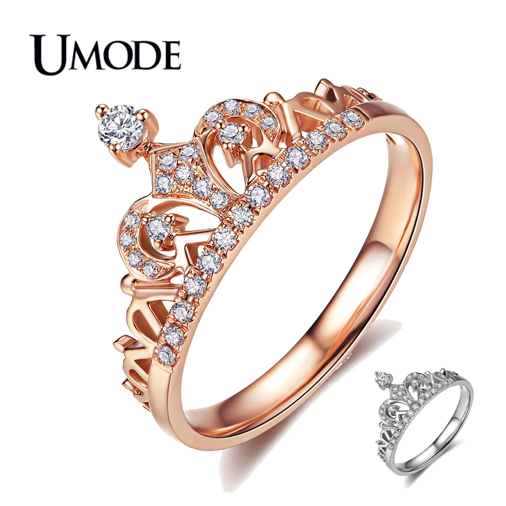 Precio reducido UMODE-Anillos de corona dorado rosado para Mujer, de cristal de CZ, sortija de boda de compromiso de oro blanco, joyería para Mujer, AUR0217 m6nXx5Nq
