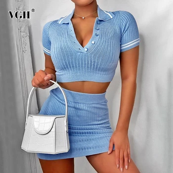 

VGH Casual Evening Party Women Two Piece Set Lapel Collar Short Sleeve Top High Waist Mini Skits Sexy Knitting Suirts For Female