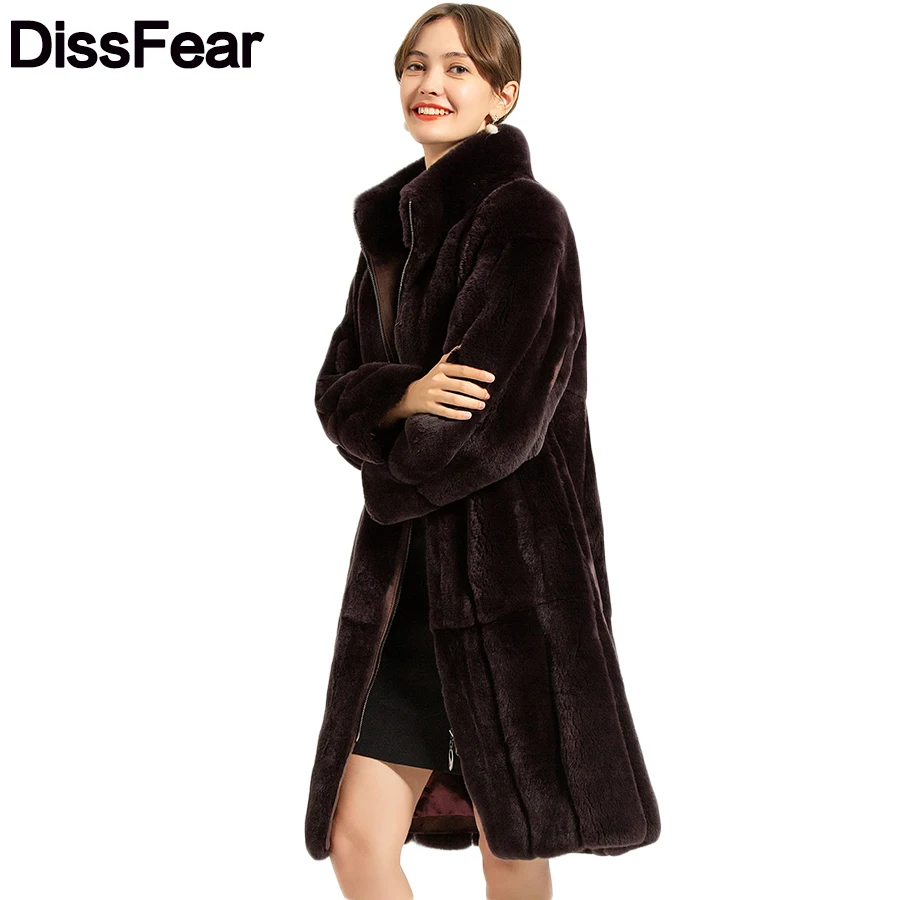 100cm Rex Rabbit Fur Coat Thick Warm Winter Women Clothing Overcoat Women Natural Fur Stand Collar Jacket