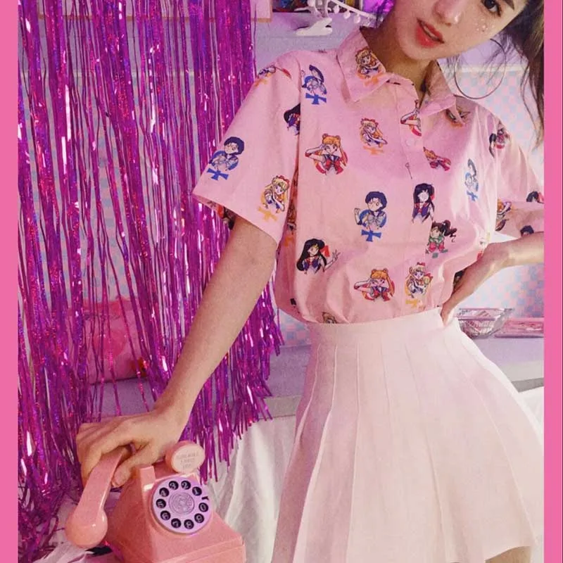 NiceMix летняя Harajuku блуза с коротким рукавом женская с принтом Сейлор Мун кавайные Топы повседневные рубашки размера плюс женские блузы