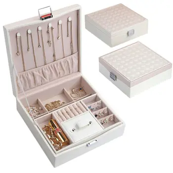 

2020 Hot Sale PU Fibre Jewelry Box Portable Storage Organizer Earring Holder Zipper Women Jewelry Display Travel Case Dual Layer
