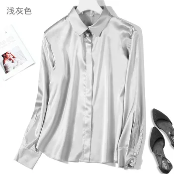 

Women's 100% Pure Silk Shirt 19mm Satin Button down Top Blouse Collared office work champange Size M L XL JN185-1