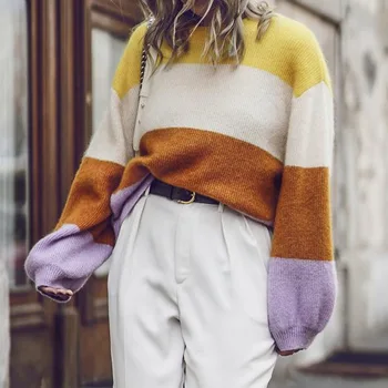 

Women's Ladies Round Neck Pullover Striped Sweater Fashion Color Matching Casual Sweater 2019 Autumn and Winter