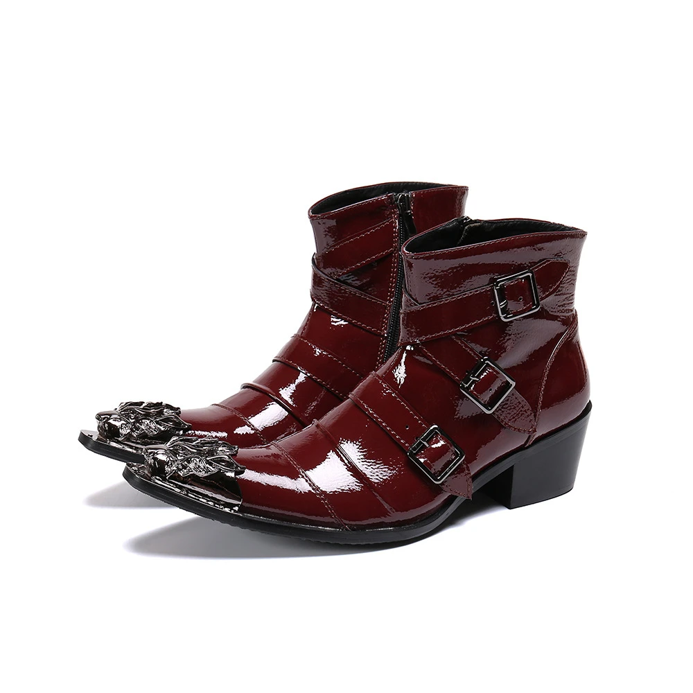 Casual Ankle Chelsea Boots Zipper Pointed High Heel Red Black Leather Short Boots Men Personality Singer Dance Leather Boots