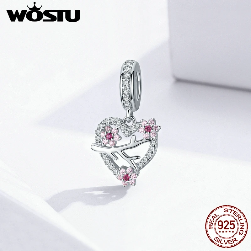 

WOSTU 925 Sterling Silver Plum Blossom Heart Charms Pink Zircon Flower Beads Fit Original Bracelet Wedding Jewelry Gift FNC151