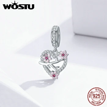 

WOSTU 925 Sterling Silver Plum Blossom Heart Charms Pink Zircon Flower Beads Fit Original Bracelet Wedding Jewelry Gift FNC151