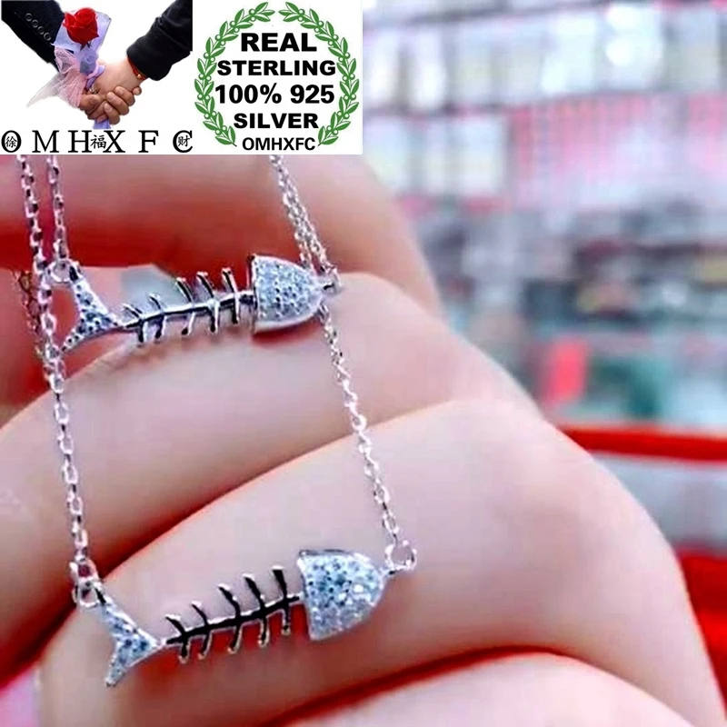 OMHXFC XR07 Модный женский подарок для вечеринки, дня рождения, свадьбы, рыбья кость, циркон, 925 пробы, серебряное ожерелье с подвеской