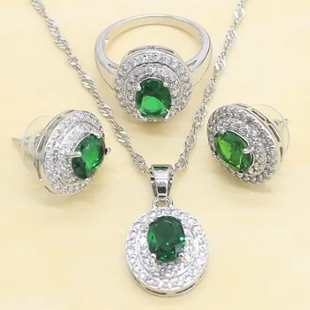 

Oval Green Stone Silver Color Jewelry Sets For Women Stud Earrings Necklace Pendant Rings Free Gift Box
