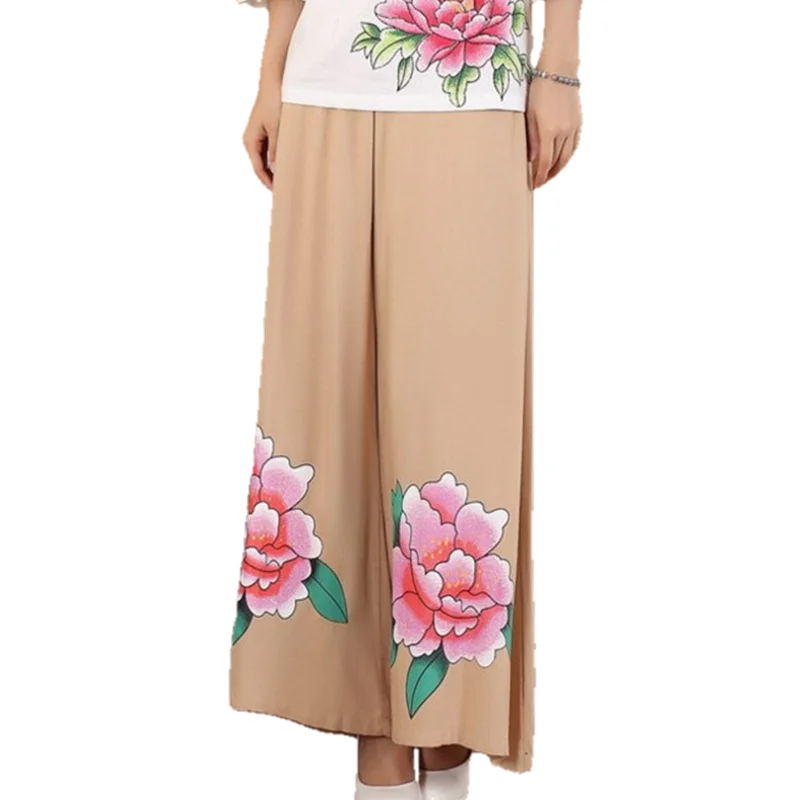 Women Vintage Floral Printed Wide Leg Pants Autumn Elastic Waist Loose Cotton Linen Trousers | Женская одежда