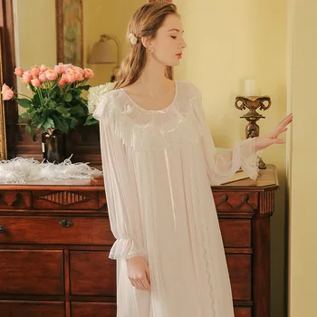 

Nightgown Autumn Winter New Princess Style Lace Ruffles Long-sleeved Nightdress Sexy Round Neck Slim Home Wear Sleepwear Women