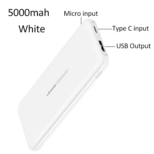 5000mah White 5000 мАч Мини-банк питания для iPhone samsung, USAMS Внешняя батарея повербанк ультра-тонкий внешний аккумулятор Тип C Быстрая зарядка pover Bank - Цвет: 5000mah White