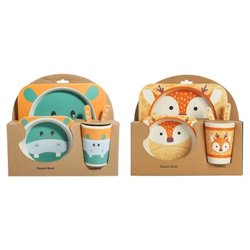 

10Pcs Cartoon Animal Plate+Bow+Fork+Cup Baby Dinnerware Feeding Set Bamboo Fiber Hippo & Sika Deer