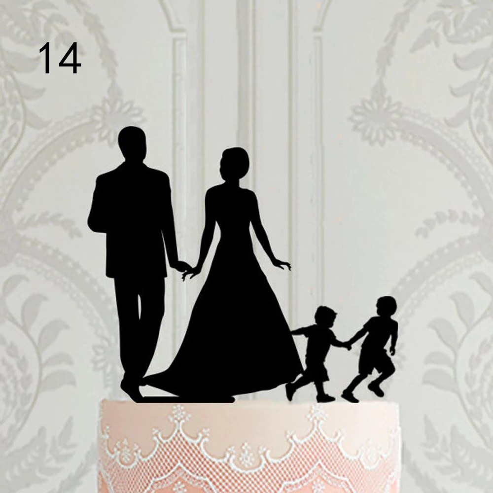 Персонализированные силуэт свадебный торт Топпер, пользовательские семья торт Топпер, Жених невесты с детьми, Mr& Mrs юбилей вечерние Декор