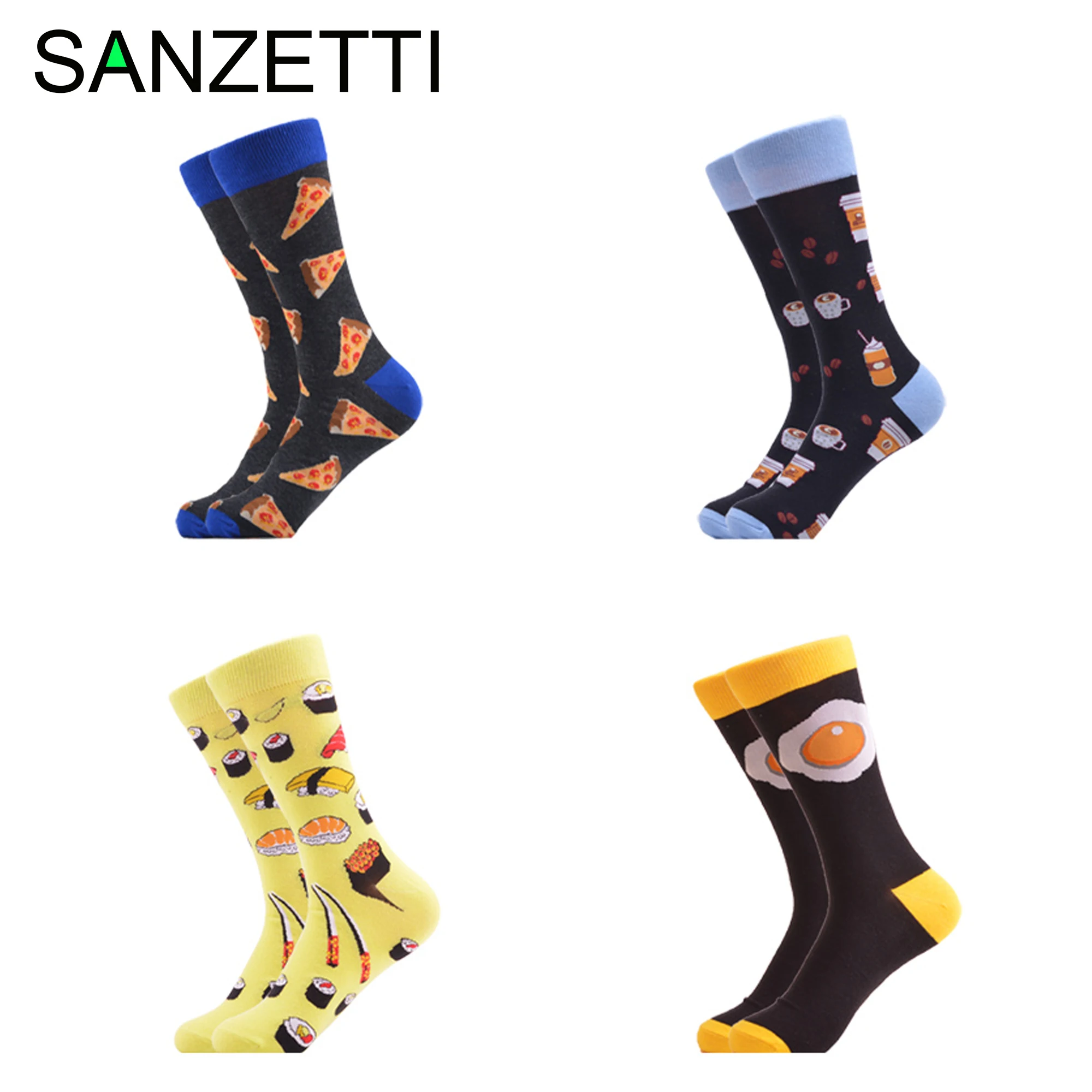 SANZETTI 4 Pairs/Lot Men's Casual Combed Cotton Happy Crew Socks Pizza Funny Fashion Animal Wedding Gifts Geometric Dress Socks