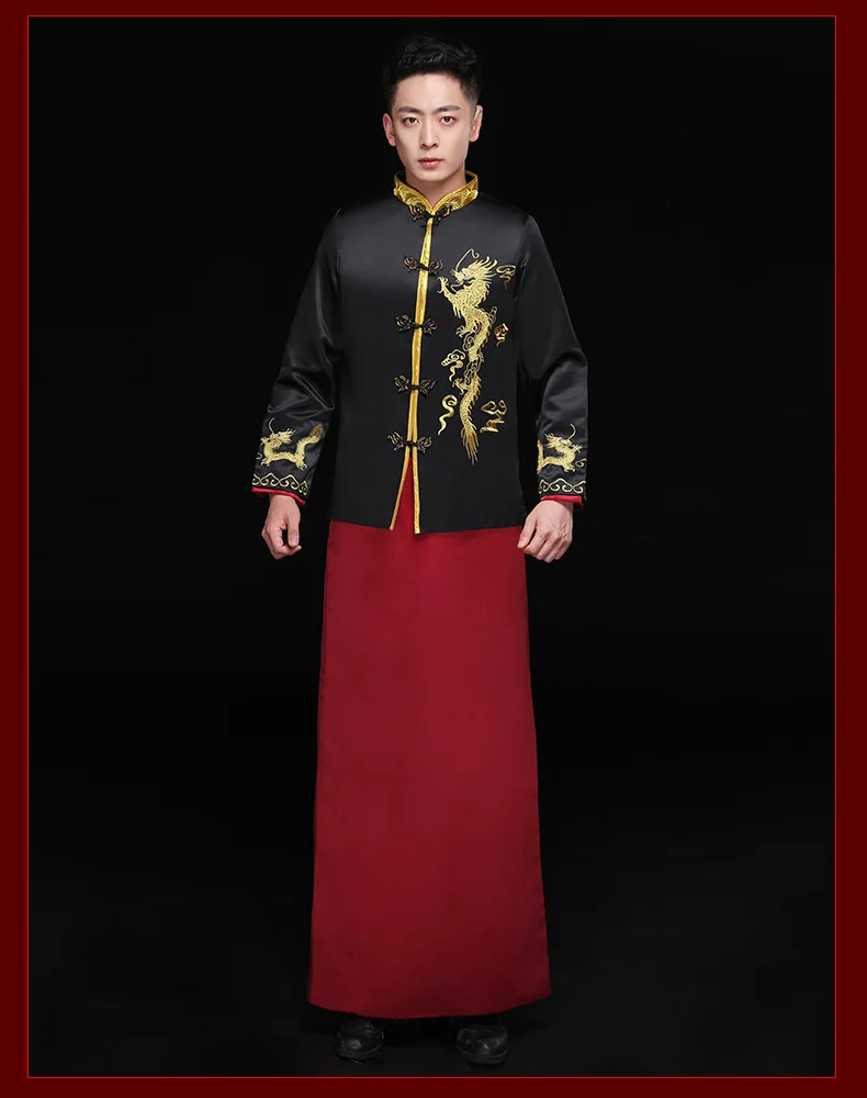 Мужской красный cheongsam тост костюмы костюм жениха куртка длинное платье Традиционный китайский стиль Свадьба Qipao для мужчин вышивка Тан костюм