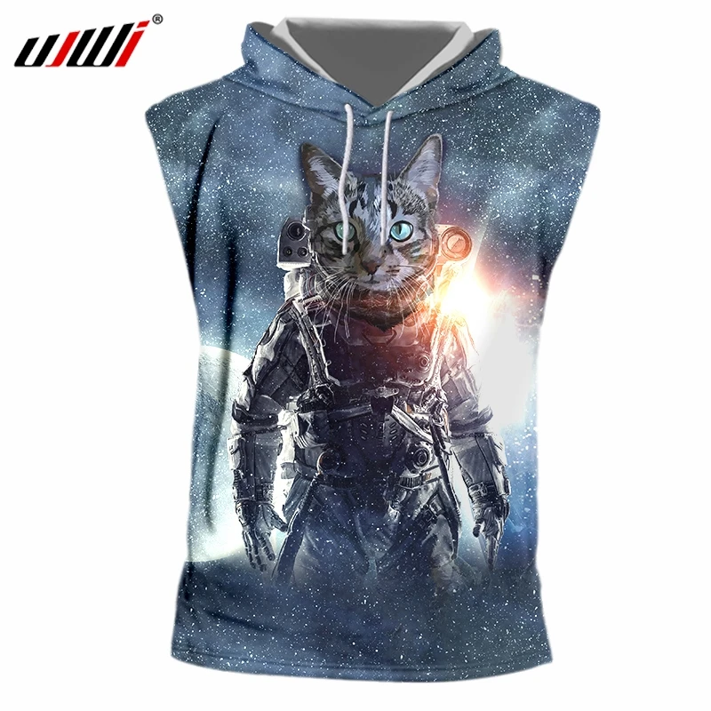 

UJWI Men's Hot New Loose Starry sky Astronaut cat 3D Printed Funny Short Sleeve Hooded Tank Top Big Size 5XL