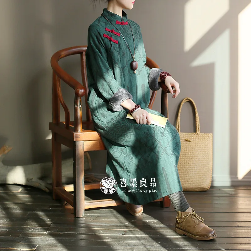 

8818 Hi Ink Vintage Brushed And Thick Dress Long Sleeve Loose-Fit Ethnic-Style New Style WOMEN'S Dress Frog Winter Cotton-padded