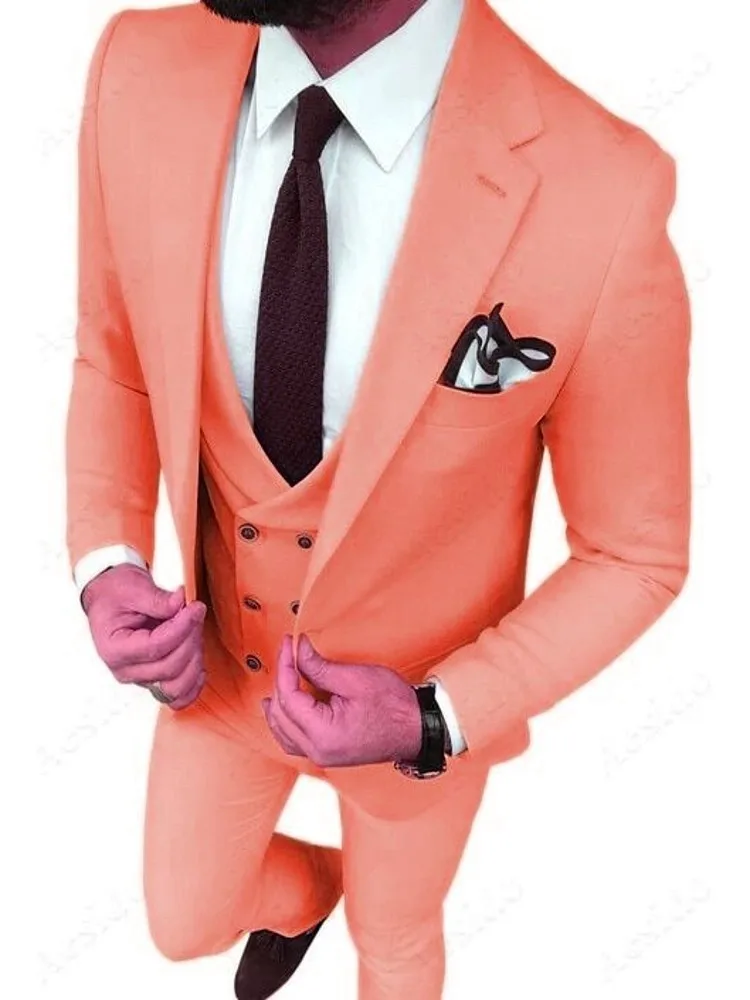 

New Arrival Men Suits Peach Groom Tuxedos Notch Lapel Groomsmen 3 Pieces Wedding Set ( Jacket + Pants + Vest + Tie ) D290