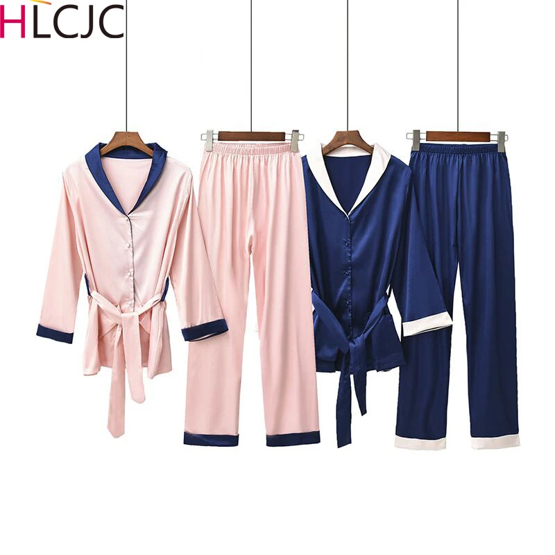 

2020 Spring Autumn Women's Pajamas Sets with Belt Fashion Luxury Female Silk Satin Two Pieces Shirts + Pants Nighties Sleepwear