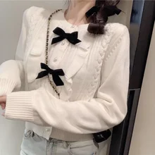 

Offiec Lady Sweater Puff Sleeves Ruffled Bow Sweet Lolita Sweater Spring Autumn French Renaissance Retro Gentle Fairy Cardigan
