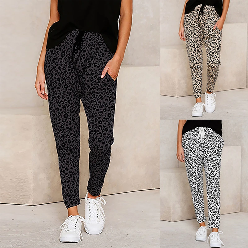 Autumn Ladies Casual Fitness Trousers Leopard Printed Lace Up Straight Pants Fashion Pockets Female Full | Женская одежда