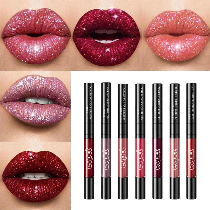 176388-e3982c.jpg Double headed Lip Gloss Lip Liner Pencil Diamond Glitter Lipstick Long lasting Non stick Cup Lip
