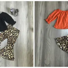 Сезон осень-зима; комплект детской одежды для маленьких девочек; Изысканные молочные Шелковые штаны с леопардовым принтом и оборками; цвет черный, оранжевый хлопковый комплект с бантом