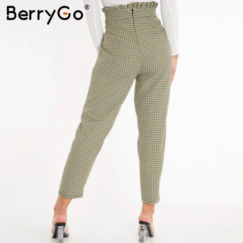BerryGO, клетчатые рабочие штаны для женщин, с оборками, с высокой талией, на молнии, шаровары, Капри, женские, винтажные, на пуговицах, для девушек, осенние брюки