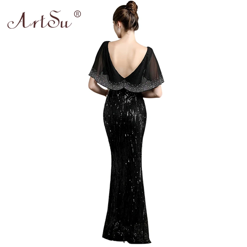 ArtSu Robe De Soiree Черный Длинные Русалка Вечерние платья Элегантный бриллиантовый Бисер с блестками и с бахромой, Для женщин с v-образным вырезом, платье на выпускной, серый