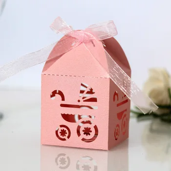 

Baby shower Laser hollow trolley chocolate candy box pink stroller children's party paper packaging Коробка для подарков 100pcs
