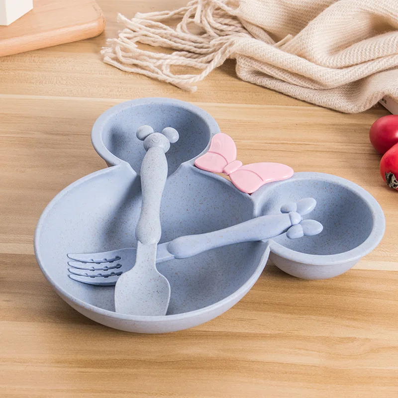 Natural Wheat Straw Bowl Baby Fork Food Bowl Kids Cartoon Toddler Children Spoon Dinner Plate Set Training Tableware Feeding - Цвет: Blue Set