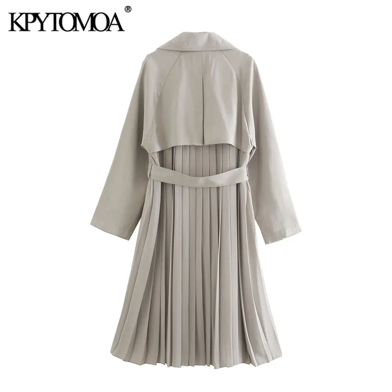 KPYTOMOA Women Fashion Back Pleated Double Breasted Trench Coat Vintage Long Sleeve With Belt Female Outerwear Chic Overcoat
