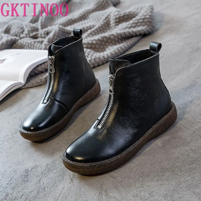 Gktinoo 2022 Mode Echt Leren Laarzen Voor Vrouwen Enkellaars Ronde Neus  Platte Schoenen Rits Laarzen Lady Casual Platform Laarzen - AliExpress  Schoenen