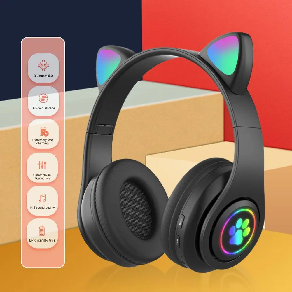Wireless Bluetooth Headset Kids Headphone Cat Ear LED Light Earphone Gaming For Girls | Электроника