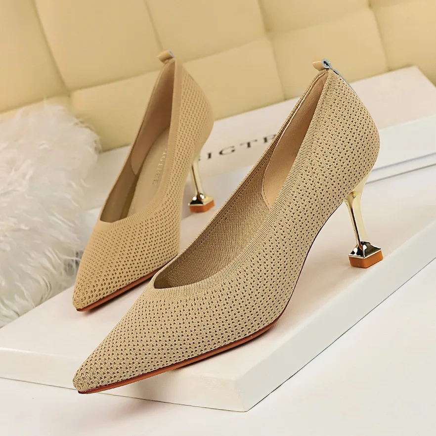 Fashion simple high-heeled woven shallow mouth, pointed toe trend, all-match women's shoes, high-heeled shoes, single shoes