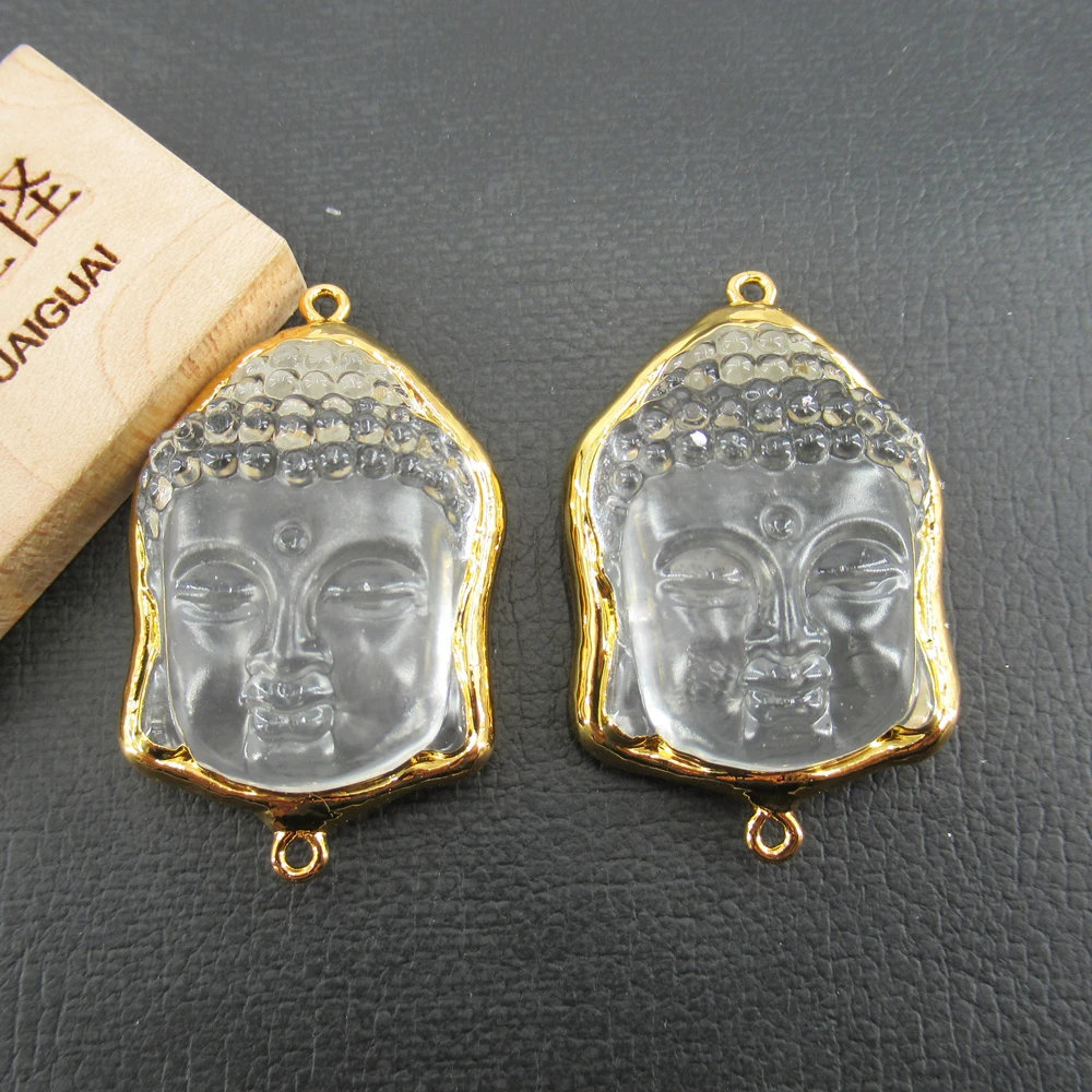 1 PC Natural Clear Quartz Crystal 28x45mm Gold Plated Buddha Buddhist Statues Connector Jewelry Making DIY