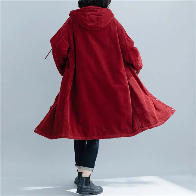 Большие размеры женские парки вельветовые средней длины толстые пальто с капюшоном зимние свободные плюс бархатные теплые куртки красные женские пиджаки JIU012