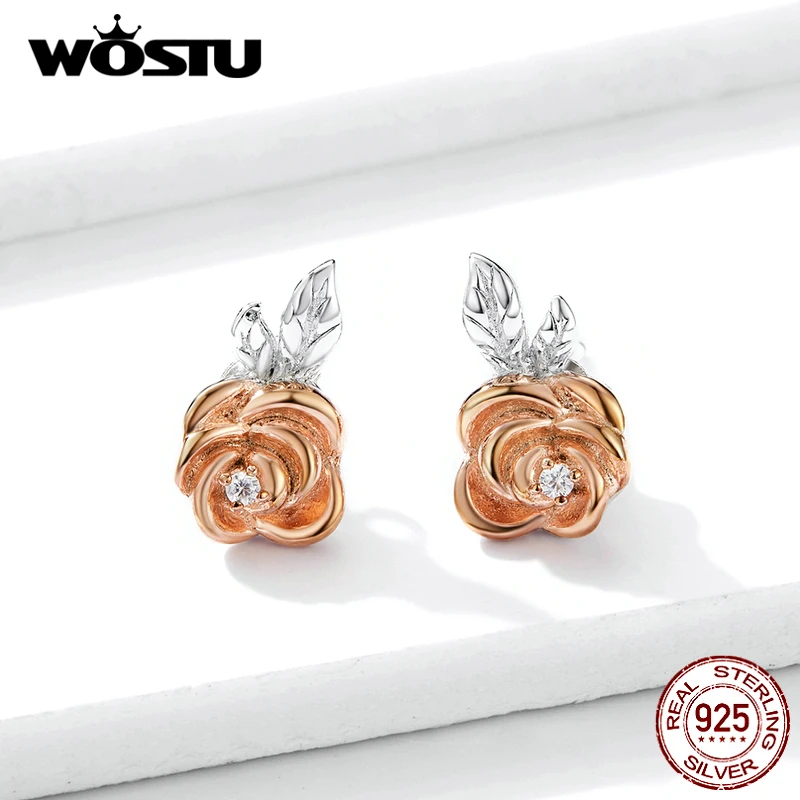 WOSTU, стильный, настоящий 925 пробы, серебро, розовое золото, цветок, серьги-гвоздики для женщин, свадебные серьги, 925, ювелирное изделие, подарок CTE327