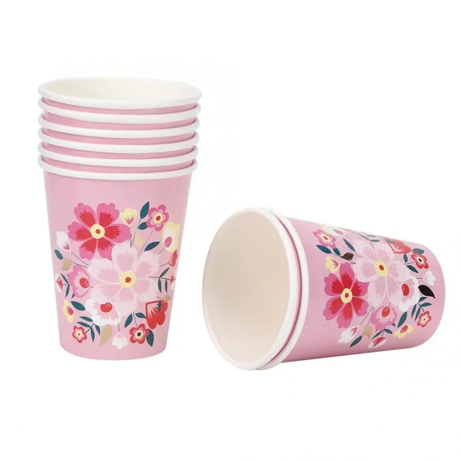 8PCS Flower Pattern Disposable Paper Cups One-off Coffee Drinkin Juice Cup Tableware Party Birthday Wedding Picnic Tableware