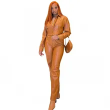 

Brown PU Leather Suit Casual Ladies Zipper Slim Long Sleeve Jacket + Leather Pants Two Piece Set Winter Casual Ladies Pants Set