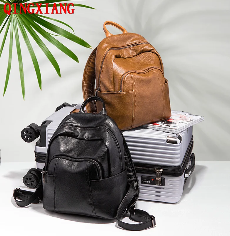 

DW21 2020 Women Feature-Oil Leather Backpack Travel Back pack Mochilas Female High Soft Book School Bags For Teenage Girls