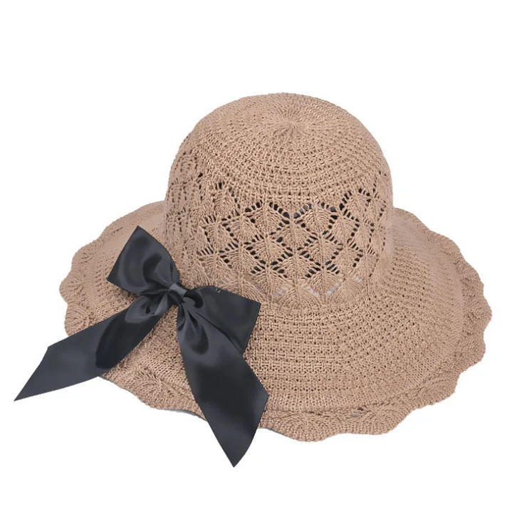 01 khaki Новые модные женские шляпы от солнца, соломенная шляпа ручной работы, женская пляжная шляпа с бантом из ленты с широкими полями, Повседневная летняя кепка с защитой от ультрафиолета - Цвет: 01 khaki