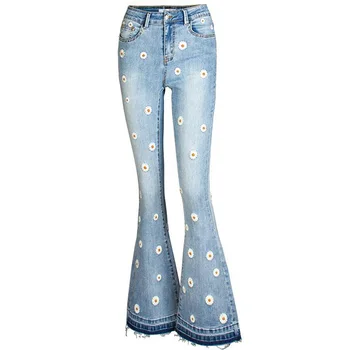 

High Waist Bell Bottom Flare Jeans Women Retro Flower Embroidery Slim Stretch Denim Pants Plus Size Blue Jeans Wide Leg Trousers