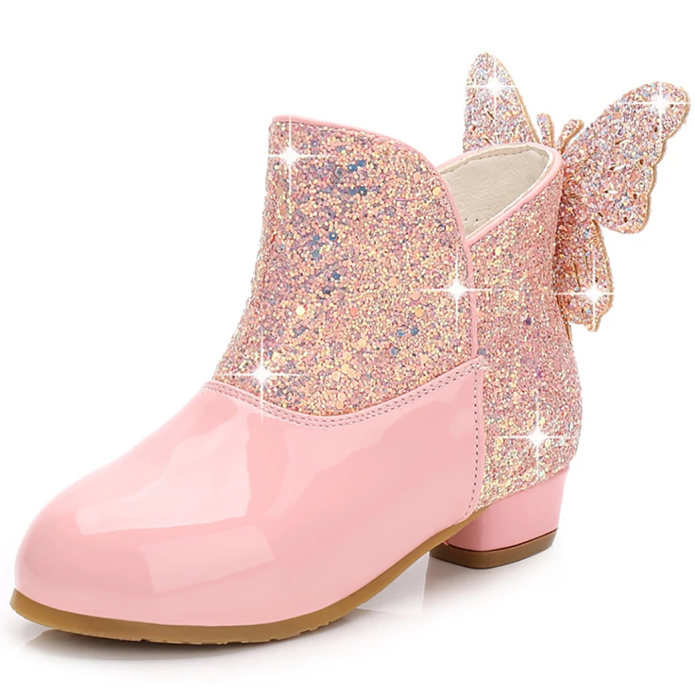 Autumn Winter Girls Princess Crystal Leather Boots For Kids Casual Glitter Bowknot Shoes Baby Children Fashion High Heels 2021