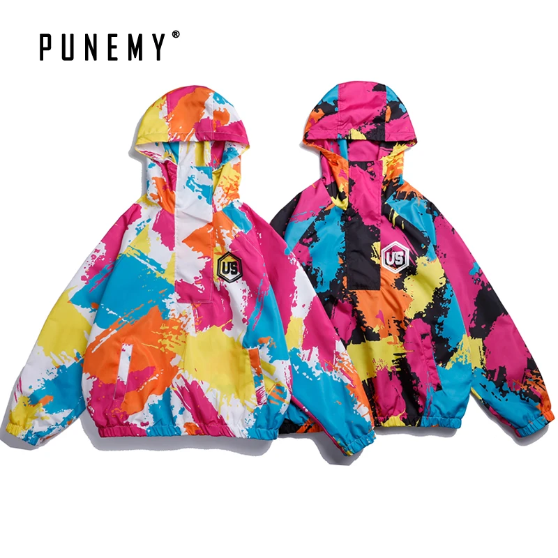 

Retro Harajuku Men Jackets Coats Windbreaker Hip Hop Streetwear Hooded Zipper Oversize Colorful Pattern Swag Man's Jackets Coats