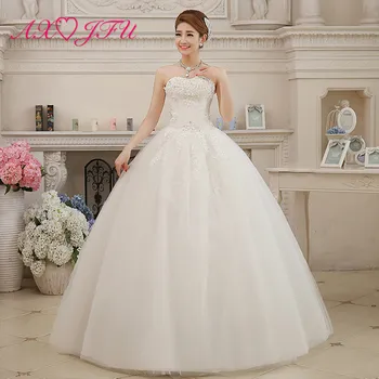 

AXJFU princess white flower lace wedding dress vintage party strapless sleeveless beading crystal bride white wedding dress