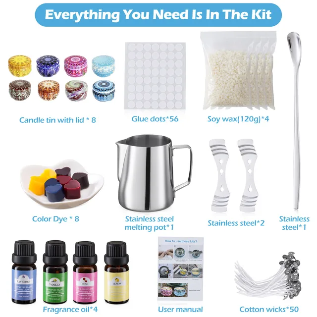 Candle Making Kit,Easy to Make Colored Candle Soy Wax Kit,Including Soy Wax,  Wicks,Melting Pot, Tins and More