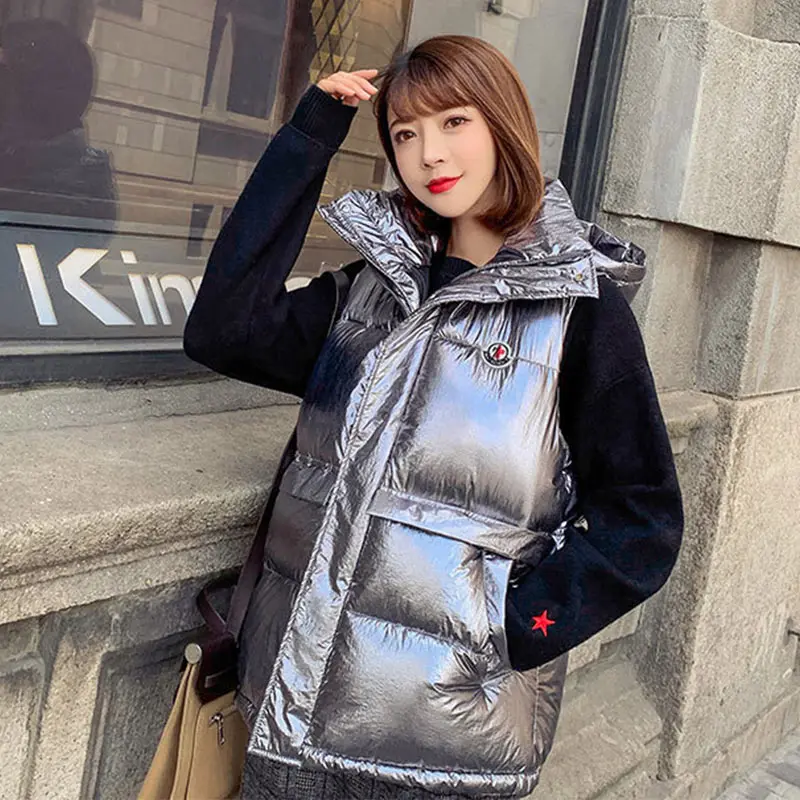 Harajuku вниз хлопок без рукавов короткий жилет Женское пальто зима осень серебро яркий цвет с капюшоном жилеты Женский Уличная верхняя одежда YL343