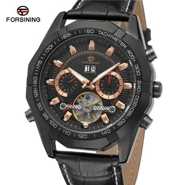 FORSINING Luxury Brand Men Automatic Mechanical Watch Men's Black Leather Band Canlendar Tourbillon Skeleton Wrist Watches - Цвет: 5